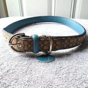 COACH BLUE LEATHER BROWN JACQUARD SIGNATURE C DOG PET COLLAR 4003 SZ EXTRA LARGE